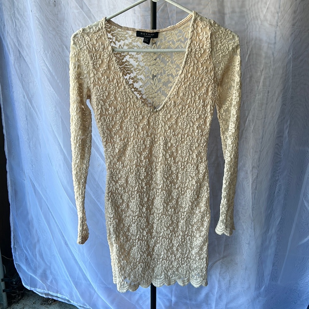 Cream Lace Long Sleeve Bodycon Dress